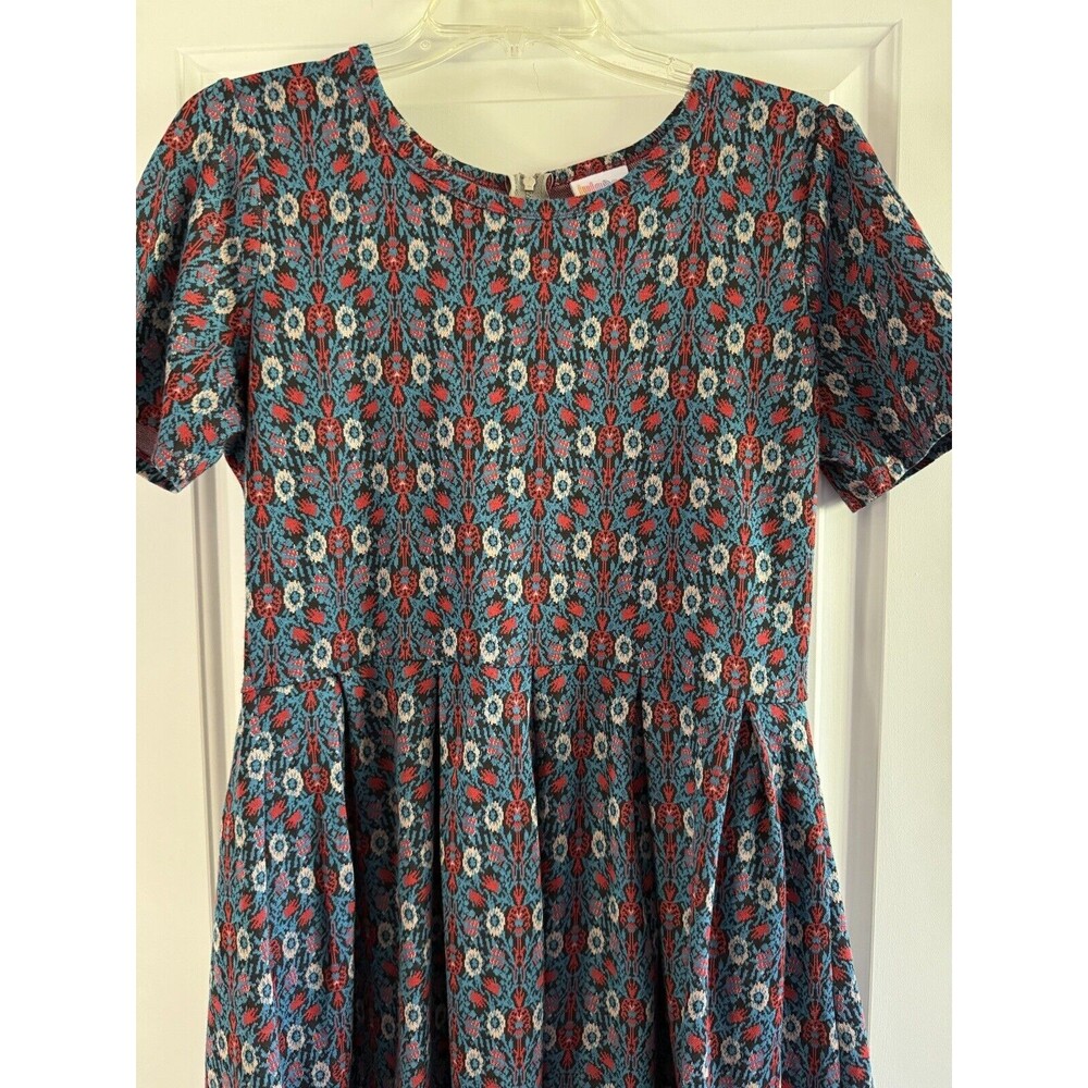 LulaRoe Women's Size XL Amelia Black,‎ Blue & Red Jacquard Dress EUC